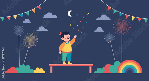 Celebrating Childhood Joy A Whimsical Illustration Of A Child And Fireworks