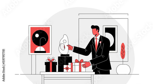 Elegant Businessman Appreciates Modern Art Surrounded by Thoughtful Gifts Illustration
