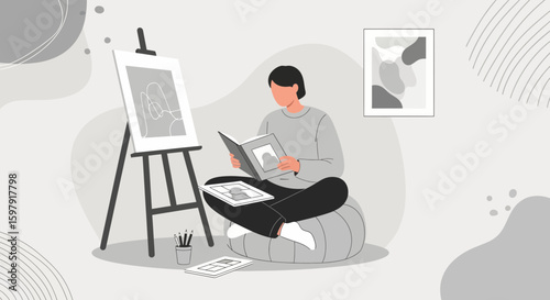 Artist Conceptualizing New Ideas In Studio With Easel And Artwork On The Wall