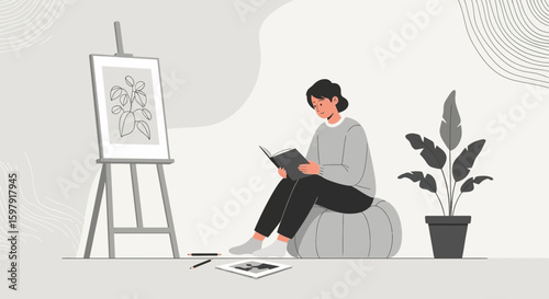 Artist Studying Art Inspiration Reading Book Near Easel And Indoor Plant