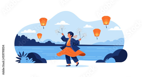 Celebrating Cultural Traditions With Sparklers And Lanterns By The Water