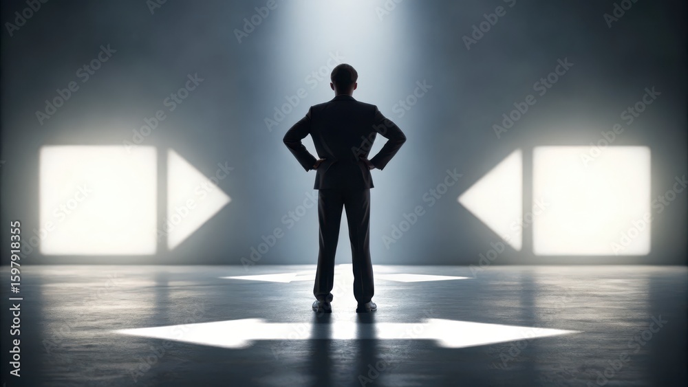 Obraz premium Businessman Contemplating Decisions in a Dark Studio with Dramatic Lighting and Arrow Shadows on Floor