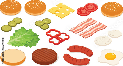 Burger ingredient isometric arrangement with bacon and fried egg food