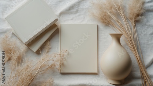 Aesthetic image of blank notebooks and beige vase with dried pampas grass for stationery or interior decor.