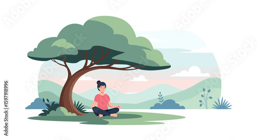 Woman Meditating Under Tree in Nature Landscape Peaceful