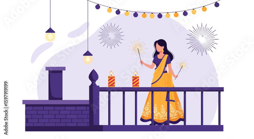Celebrating Diwali Night With Sparklers And Festive Decorations At Balcony