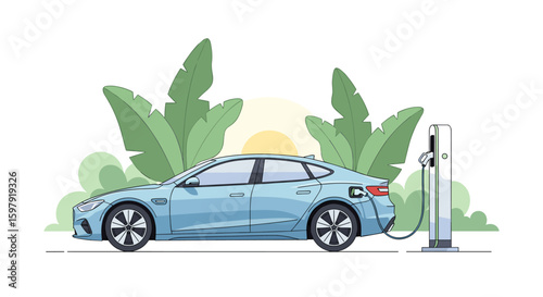 Electric car charging in nature eco friendly lifestyle