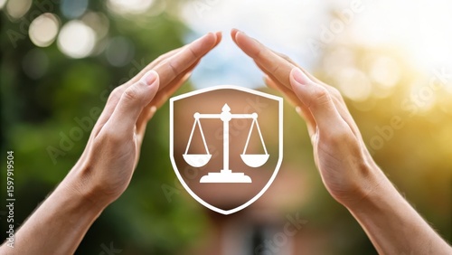 Hands Forming Protection Around Scales of Justice Symbol with Soft Light from Nature Background
