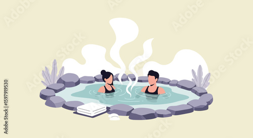 Couple Relaxing In A Hot Spring During A Vacation Surrounded By Natural Beauty