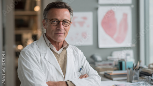 confident urologist stands in welllit office holding medical instrument and wearing warm smile