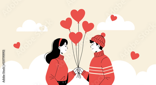 Couple Sharing Heart Balloons Amidst Fluffy Clouds Of Affectionate Love