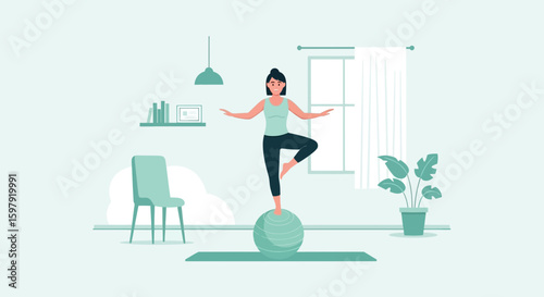 Balance And Well Being Woman Performs Yoga Pose On A Fitness Ball Indoor