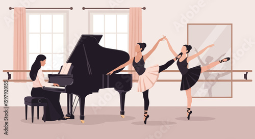 Ballet Practice With Accompanist At Studio Grand Piano And Ballerinas Elegantly Train