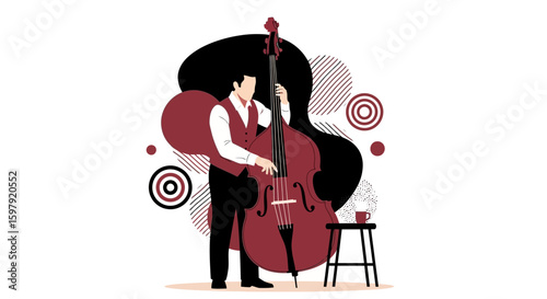 Elegant Double Bassist Performing Vector Illustration With Artistic Backdrop