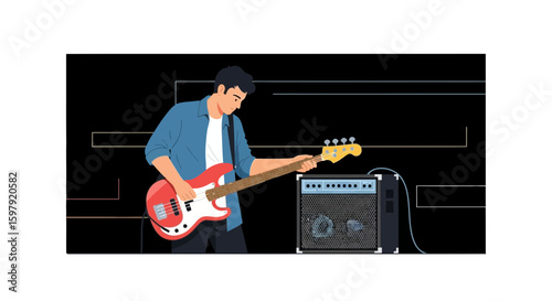 Bass Player Performing At Stage With Musical Instrument And Sound Amplifier