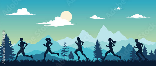 Group of Runners Jogging in Nature Silhouette Vector