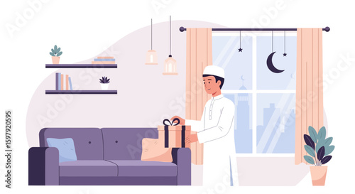 Elegant Eid Celebration Scene Featuring Muslim Man Delivering A Gift