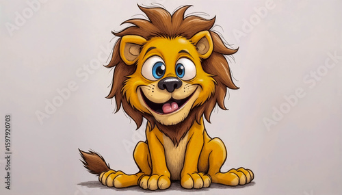 Smiling cartoon lion with big eyes and brown mane sitting on a plain background, front view, hand drawn