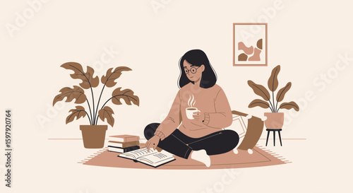 Cozy Afternoon Reading Woman Enjoying Tea And Book In Comfortable Home Setting