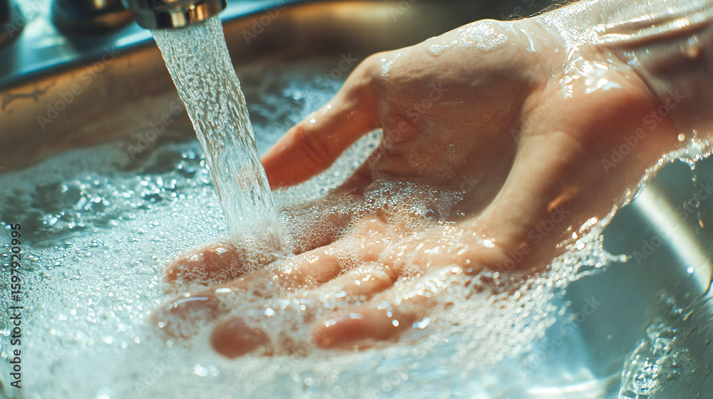 Fototapeta premium Man washing hands in bathroom sink at home checking temperature touching running water with hand. Closeup on fingers under hot water out of a faucet of a sink