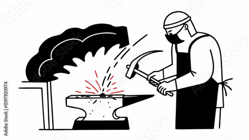 Blacksmithing metal forging process craftsman at work hammer on anvil metalwork workshop safety gear fire sparks