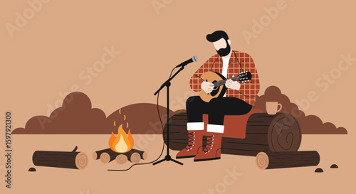 Bearded Man Plays Mandolin By Campfire Serene Acoustic Scene Under Clouds