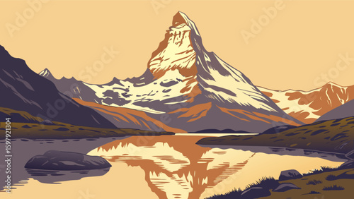 Scenic mountain landscape painting with lake reflection and alpine peak, nature adventure travel tourism art