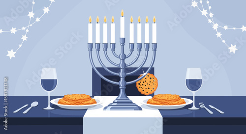 Elegant Hanukkah Celebration Table Setting With Menorah And Delicious Treats