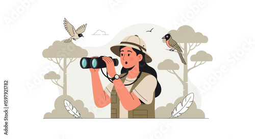 Birdwatching Expedition Young Woman Observes Avian Life Through Binoculars In Nature