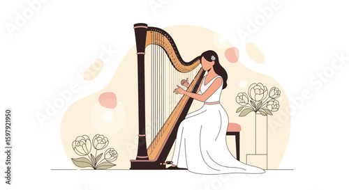 Elegant Harpist In White Dress Creates Beautiful Melodies For Wedding Celebrations