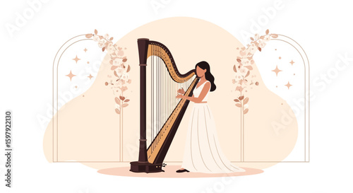 Elegant Harpist Performing at Wedding Ceremony with Floral Archway Backdrop
