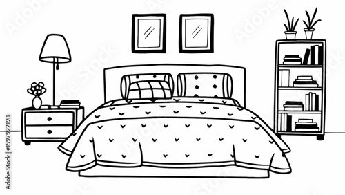 Bedroom interior design illustration with bed nightstand bookcase and wall decor for home decor ideas