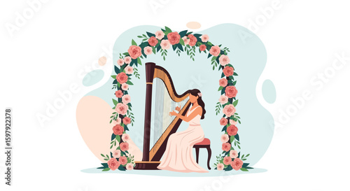 Elegant Harpist Performing Under Floral Archway For A Special Event Celebration