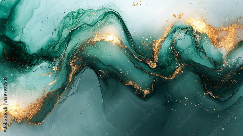 Fototapeta premium Marble green liquid watercolor background with gold wave pattern. Dusty grey emerald alcohol ink drawing effect with golden stains