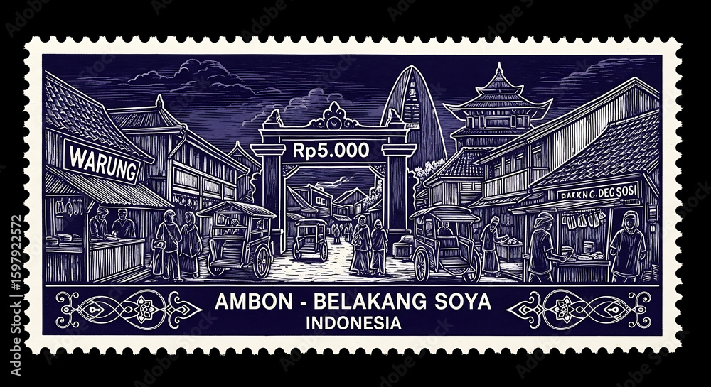Obraz premium Vintage Indonesian Stamp Depicting a Traditional Ambon Street Scene at Night