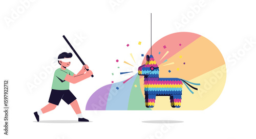 Blindfolded Boy Swinging Stick To Hit Colorful Pinata At A Celebration Event