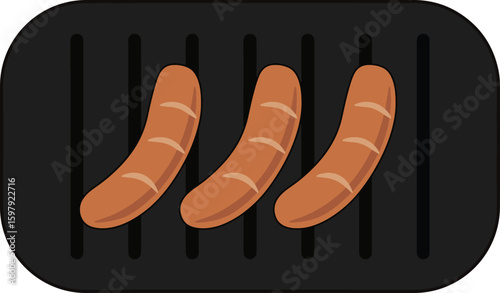 Vector illustration of three grilled sausages cooking on a hotplate