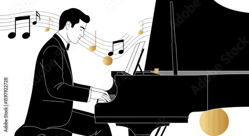 Elegant Illustration Of A Man Playing Grand Piano With Golden Musical Notes