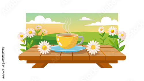 Enjoying a cup of tea with daisy flowers on a picnic table in a scenic landscape illustration