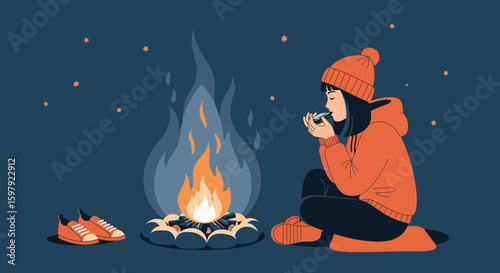 Cozy Evening By Campfire With Woman Relaxing and Enjoying Hot Beverage