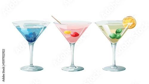 Colorful cocktail drinks illustration: martini glasses with blue pink and green drinks for bar promotion 100