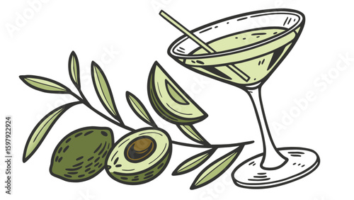Avocado martini cocktail drink illustration with fresh avocado fruit and olive branch garnish design