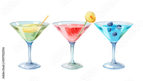 Watercolor cocktail drinks illustration with blueberry lemon and straw for summer party and bar menu design