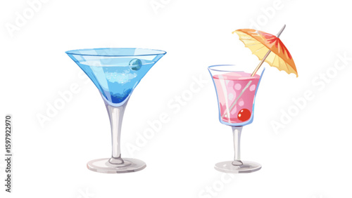 Watercolor cocktail drinks illustration of martini and umbrella drink for bar menu and summer party design