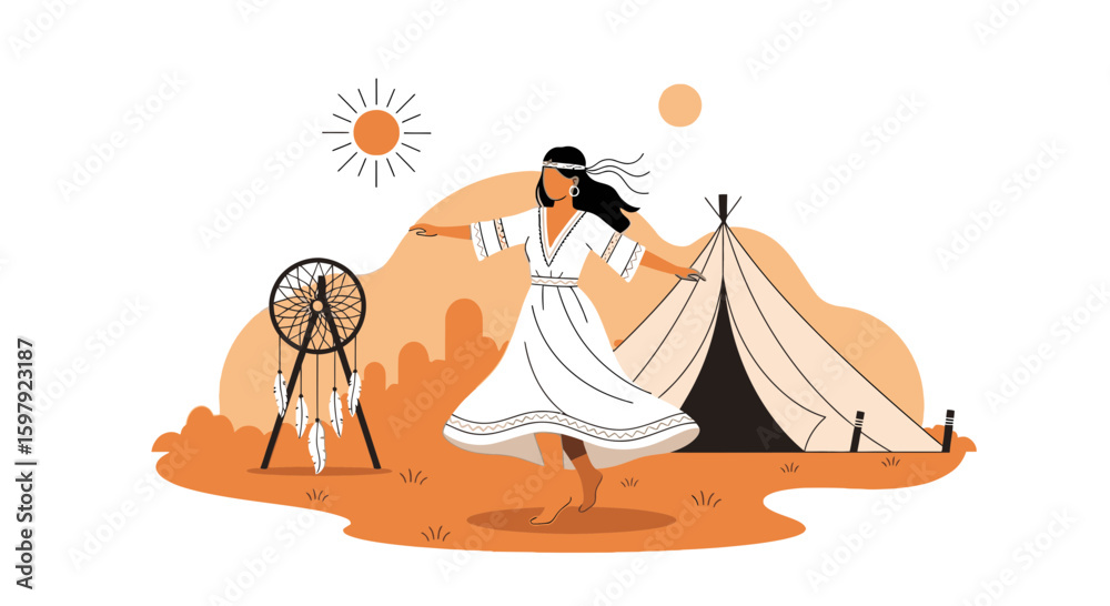 Obraz premium Bohemian Woman Dances Freely Near Dreamcatcher At Sunrise By Traditional Tent