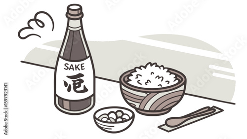 Authentic japanese sake bottle with rice bowl and soy beans vector illustration for asian cuisine lovers