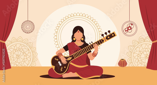 Elegant Indian Woman Playing Veena Instrument In A Cultural Setting Beautiful Backdrop