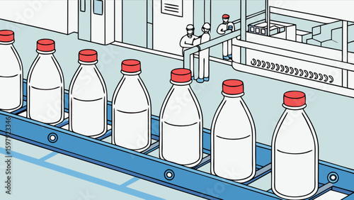 Milk bottles on assembly line in dairy factory automated production process illustration vector graphic
