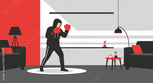 Boxer Training At Home In Living Room, Exercising Fitness And Practicing Punching