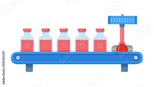 Pharmaceutical manufacturing line conveyor belt with medicine vials and automated filling system process automation